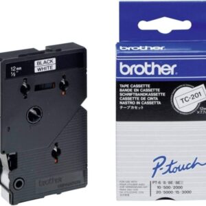 brother tc201 cinta laminada original para rotuladora texto negro sobre fondo blanco ancho 12mm x 7 metros