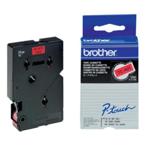 brother tc401 cinta laminada original para rotuladora texto negro sobre fondo rojo ancho 12mm x 7 metros