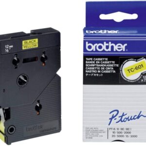 brother tc601 cinta laminada original para rotuladora texto negro sobre fondo amarillo ancho 12mm x 7 metros