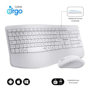 subblim dual office prowave white pack de teclado ergonomico + raton 3200dpi inalambricos bluetooth 5.3 y receptor usb bateria recargable color blanco