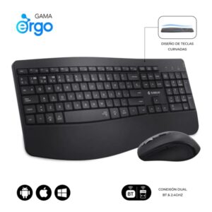 subblim dual office prowave black pack de teclado ergonomico + raton 3200dpi inalambricos bluetooth 5.3 y receptor usb bateria recargable color negro