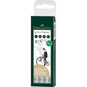 faber castell ecco pigment pack de 4 rotuladores calibrados 0.1, 0.3, 0.5, 0.7mm punta engastada en metal tinta pigmentada resistente al agua y a la luz color negro
