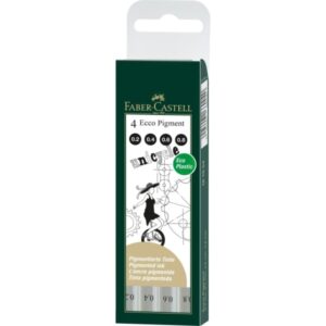 faber castell ecco pigment pack de 4 rotuladores calibrados 0.2, 0.4, 0.6, 0.8mm punta engastada en metal tinta pigmentada resistente al agua y a la luz color negro