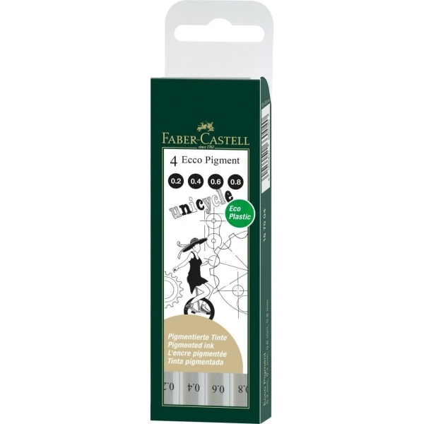 faber castell ecco pigment pack de 4 rotuladores calibrados 0.2, 0.4, 0.6, 0.8mm punta engastada en metal tinta pigmentada resistente al agua y a la luz color negro