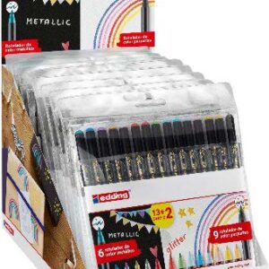 edding 1200 expositor con 15 packs de 15 rotuladores punta redonda tinta con base de agua colores metalicos y purpurina surtidos