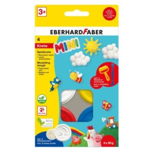 eberhard faber mini kids pack con 4 botes 50gr de pasta de modelar + 2 herramientas 90% ingredientes naturales facil de lavar colores blanco, amarillo, rojo y azul