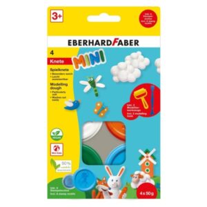 eberhard faber mini kids pack con 4 botes 50gr de pasta de modelar + 2 herramientas 90% ingredientes naturales facil de lavar colores blanco, naranja, verde y azul
