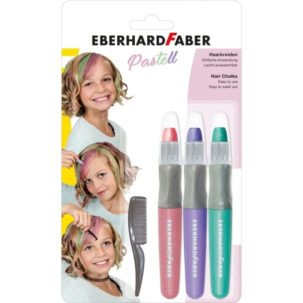 eberhard faber pack de 3 tizas pastel para el cabello + 1 mini peine aplicar sobre el cabello seco utilice el peine para dispensar el color facil de lavar colores rosa, violeta, turquesa pastel