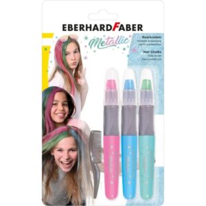 eberhard faber pack de 3 tizas metallic para el cabello + 1 mini peine aplicar sobre el cabello seco utilice el peine para dispensar el color facil de lavar colores rosa, azul, verde metalizados