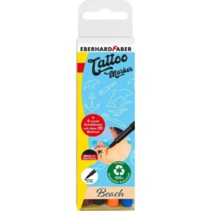 eberhard faber tattoo marker beach pack de 4 rotuladores para tatuajes temporales + 4 plantillas con mas de 20 motivos secado 5min permanencia 60h colores naranja, marron, azul y negro
