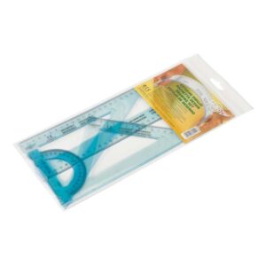 faibo pack de reglas escolares irrompibles incluye regla de 30cm, escuadra de 25cm, cartabon de 25cm y semicirculo de 10cm presentacion en bolsa transparente color azul transparente
