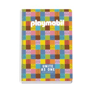 dohe playmobil unite as one cuaderno espiral folio 80 hojas cuadricula 4mm con margen tapa rigida impresa a todo color y plastificada en brillo guardas impresas