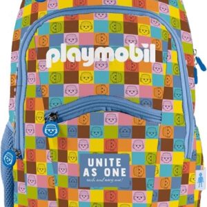 dohe playmobil unite as one mochila escolar compartimento principal con bolsillo acolchado bolsillos laterales para bebidas espalda acolchada doble asa superior fabricada en poliester medidas 31,5x40x11cm