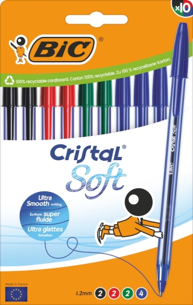 bic cristal soft pack de 10 boligrafos de bola punta media de 1.2mm trazo 0.45mm escritura mas fluida colores surtidos