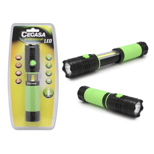 cegasa profesional linterna led extensible con luz frontal 350lm y luz lateral 120lm resistente al agua ip44 funciona con 4 pilas aaa (no incluidas)