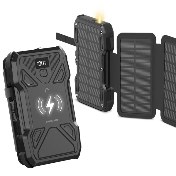 head powerbank solar 10.000mah 22.5w carga solar con 5 paneles con power delivery, carga simultanea, carga inalambrica pantalla lcd y linterna color negro