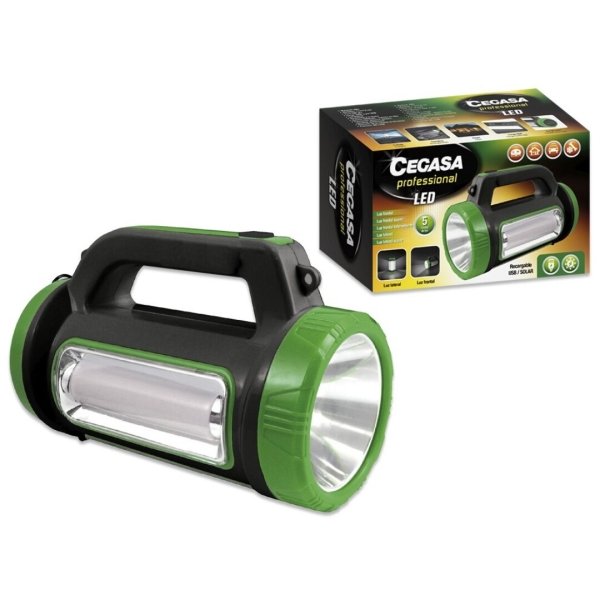 cegasa profesional linterna multifuncion led 5 modos de iluminacion bateria de 1800mah alimentacion solar y por usb color negro/verde