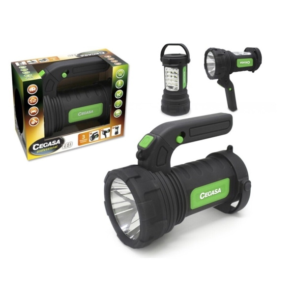 cegasa profesional linterna/foco led 220lm modo linterna, foco y lampara de pie funciona con 3 pilas aa (no incluidas) color negro/verde