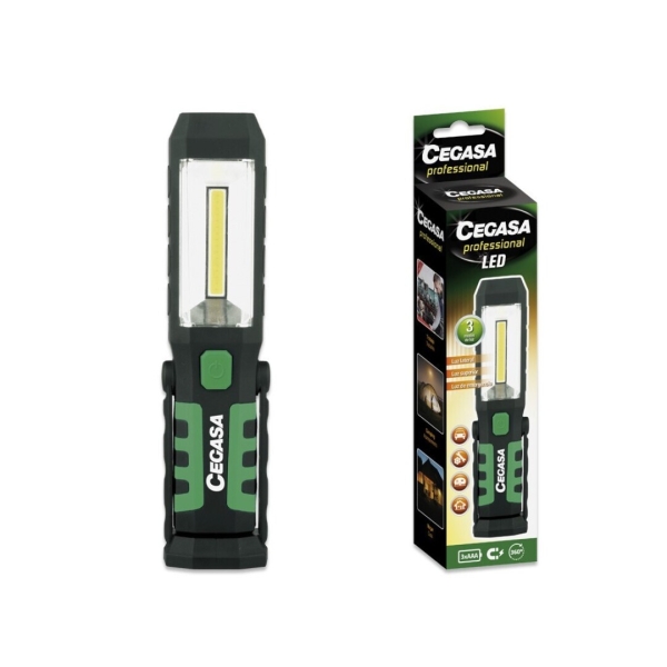 cegasa profesional linterna magnetica led cob lateral, led superior y luz de emergencia gancho ajustable 360º funciona con 2 pilas aaa (no incluidas) color negro/verde