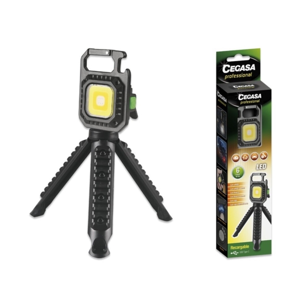 cegasa profesional linterna mini con tripode cob hasta 670lm luz blanca, amarilla, blanca y amarilla combinadas, luz roja y luz flash intermitente bateria recargable usb c color negro