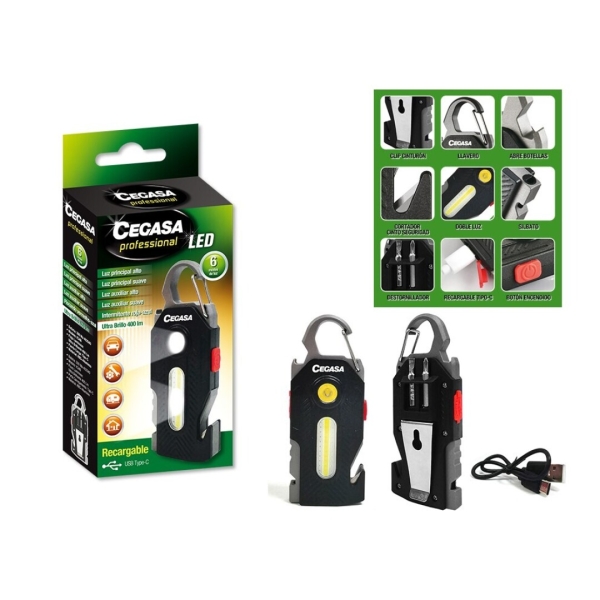cegasa profesional linterna supervivencia cob+1 led hasta 400lm autonomia hasta 1.5h bateria 300mah usb c color negro