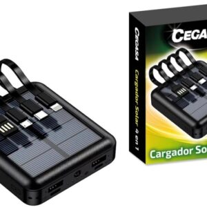 cegasa powerbank solar 4 en 1 5000mah salidas usb c, lighting, usb a, micro usb con linterna color negro