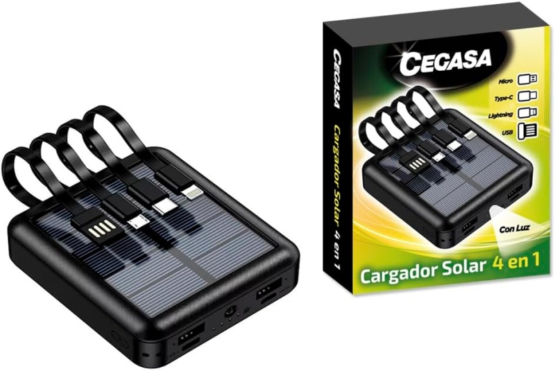 cegasa powerbank solar 4 en 1 5000mah salidas usb c, lighting, usb a, micro usb con linterna color negro