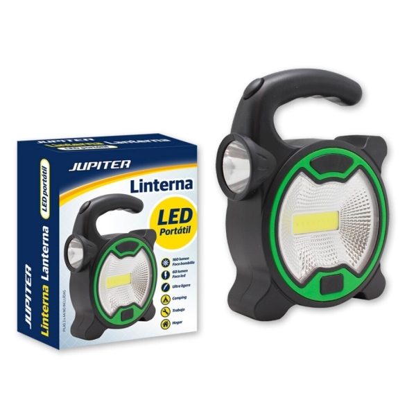 jupiter linterna cob+1 led foco bombilla 160lm, foco led 60lm funciona con 3 pilas aa (no incluidas) color negro/verde