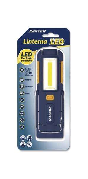 jupiter linterna de trabajo led+cob 250lm con iman y gancho resistencia ip44 funciona con 4 pilas aa (no incluidas) color azul