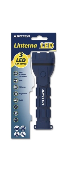 jupiter linterna de luz blanca 3 led 50lm cuerpo de goma resistencia ip44 funciona con 2 pilas aa (no incluidas) color azul