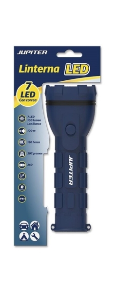 jupiter linterna de luz blanca 7 led 100lm cuerpo de goma resistencia ip44 funciona con 2 pilas d r20 (no incluidas) color azul