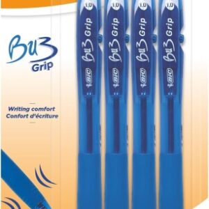 bic bu3 pack de 4 boligrafos retractiles punta media de 1mm trazo 0.32mm grip de goma escritura mas fluida color azul