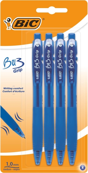 bic bu3 pack de 4 boligrafos retractiles punta media de 1mm trazo 0.32mm grip de goma escritura mas fluida color azul