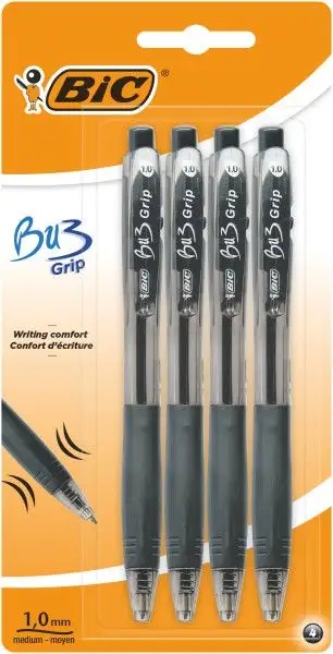 bic bu3 pack de 4 boligrafos retractiles punta media de 1mm trazo 0.32mm grip de goma escritura mas fluida color negro