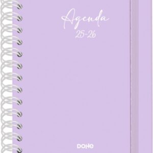 dohe serenity agenda escolar 25/26 espiral wire’o a5 semana vista papel 80g/m2 4 hojas de pegatinas cubierta de carton plastificado cierre con goma elastica color morado