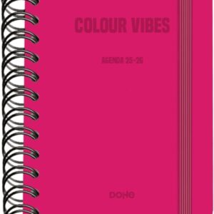 dohe colour vibes agenda escolar 25/26 espiral wire’o a6 dia pagina papel 80g/m2 4 hojas de pegatinas cubierta de carton plastificado cierre con goma elastica color rosa
