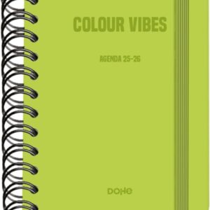 dohe colour vibes agenda escolar 25/26 espiral wire’o a6 dia pagina papel 80g/m2 4 hojas de pegatinas cubierta de carton plastificado cierre con goma elastica color verde lima