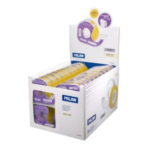 milan expositor de 36 cintas adhesivas transparentes con dispensador medidas 19mm x 33m color amarillo transparente