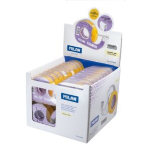 milan expositor de 36 cintas adhesivas transparentes con dispensador medidas 12mm x 33m color amarillo transparente