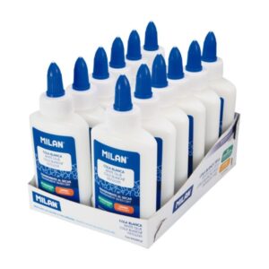 milan expositor con 12 botes de cola blanca 100gr lavable y sin disolventes ideal para uso escolar y manualidades transparente al secarse