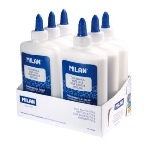 milan expositor con 6 botes de cola blanca 250gr lavable y sin disolventes ideal para uso escolar y manualidades transparente al secarse