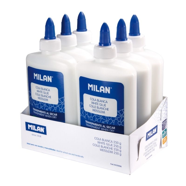 milan expositor con 6 botes de cola blanca 250gr lavable y sin disolventes ideal para uso escolar y manualidades transparente al secarse