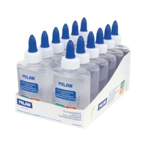 milan expositor con 12 botes de cola transparente 118gr lavable y sin disolventes ideal para uso escolar y manualidades