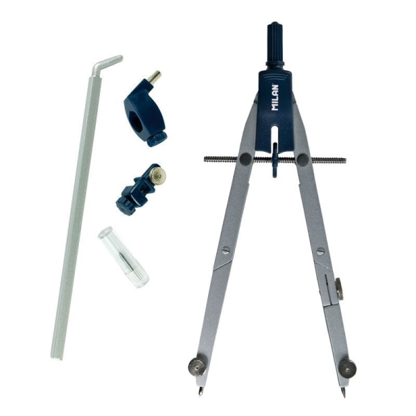 milan compas escolar con bigotera automatica y 2 articulaciones autocentrado ilimitado contiene minas de recambio, adaptador para rotuladores tecnicos y alargadera color acero