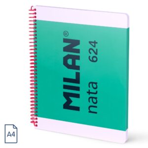 milan nata 624 cuaderno espiral formato a4 pautado 7mm 80 hojas de 95 gr/m2 microperforado, 4 taladros color verde