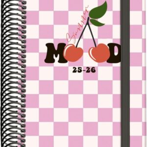 dohe cherry agenda escolar 25/26 espiral a6 dia pagina papel 70g/m2 4 hojas de pegatinas cubierta de carton plastificado cierre con goma elastica