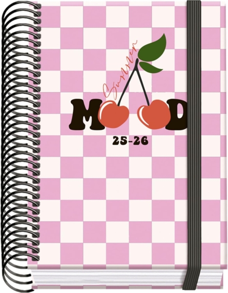 dohe cherry agenda escolar 25/26 espiral a6 dia pagina papel 70g/m2 4 hojas de pegatinas cubierta de carton plastificado cierre con goma elastica