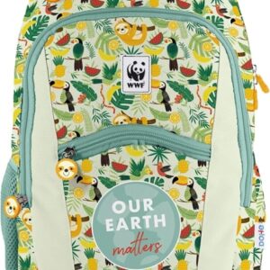 dohe wwf tropic mochila escolar compartimento principal con bolsillo acolchado bolsillos laterales para bebidas espalda acolchada doble asa superior fabricada en poliester medidas 31,5x40x11cm
