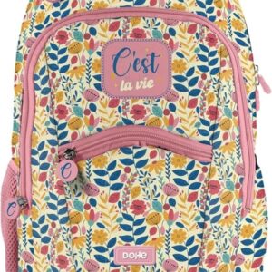 dohe c`est la vie mochila escolar compartimento principal con bolsillo acolchado bolsillos laterales para bebidas espalda acolchada doble asa superior fabricada en poliester medidas 31,5x40x11cm