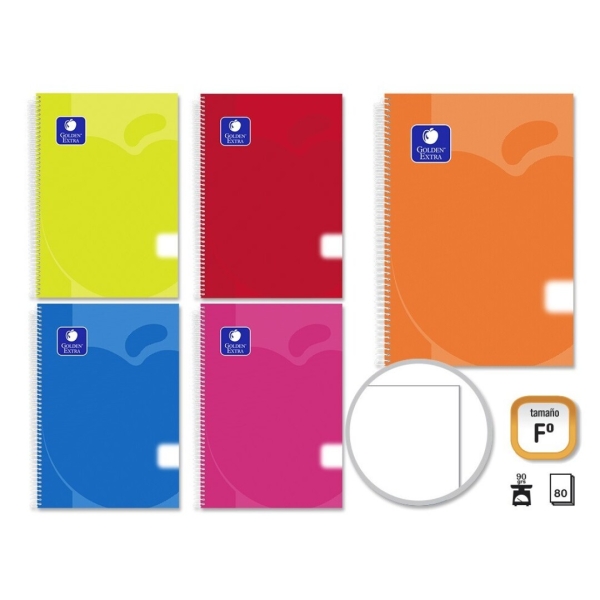 golden pack de 5 cuadernos espiral 80 hojas 90gr liso tamaño folio tapa de polipropileno colores surtidos